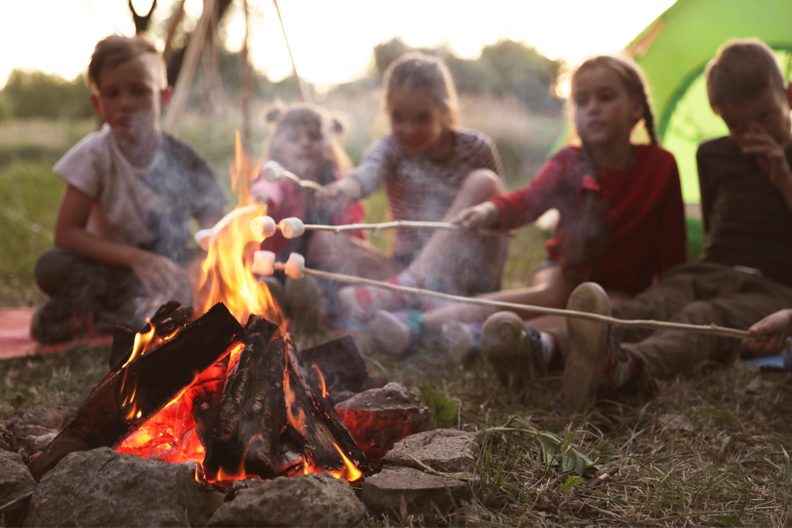 children making smores during their camping