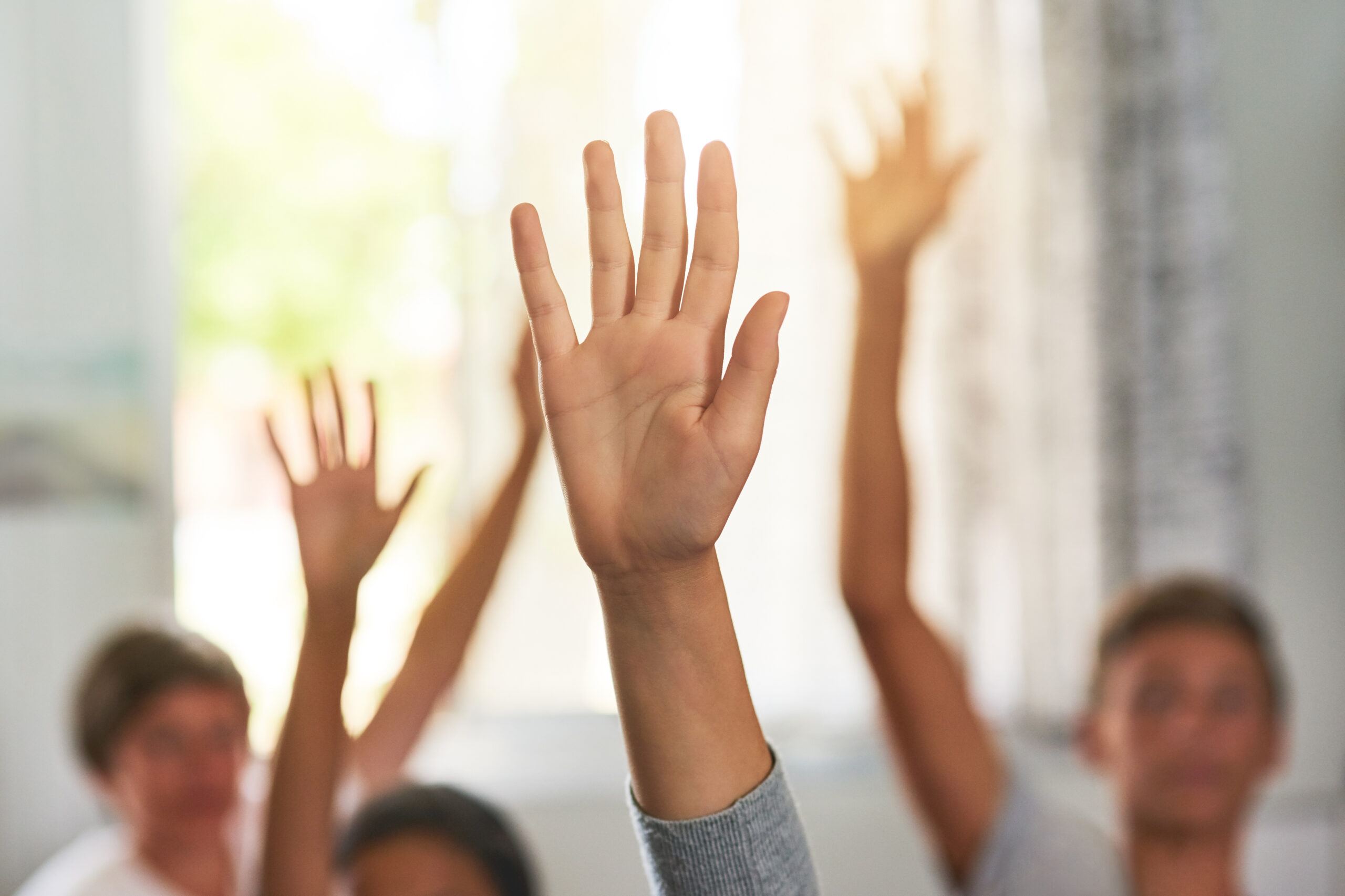 Question, school and hands of children in classroom for answer in lesson, learning and education. Child development, knowledge and young students with hand raised for asking, feedback and questions.